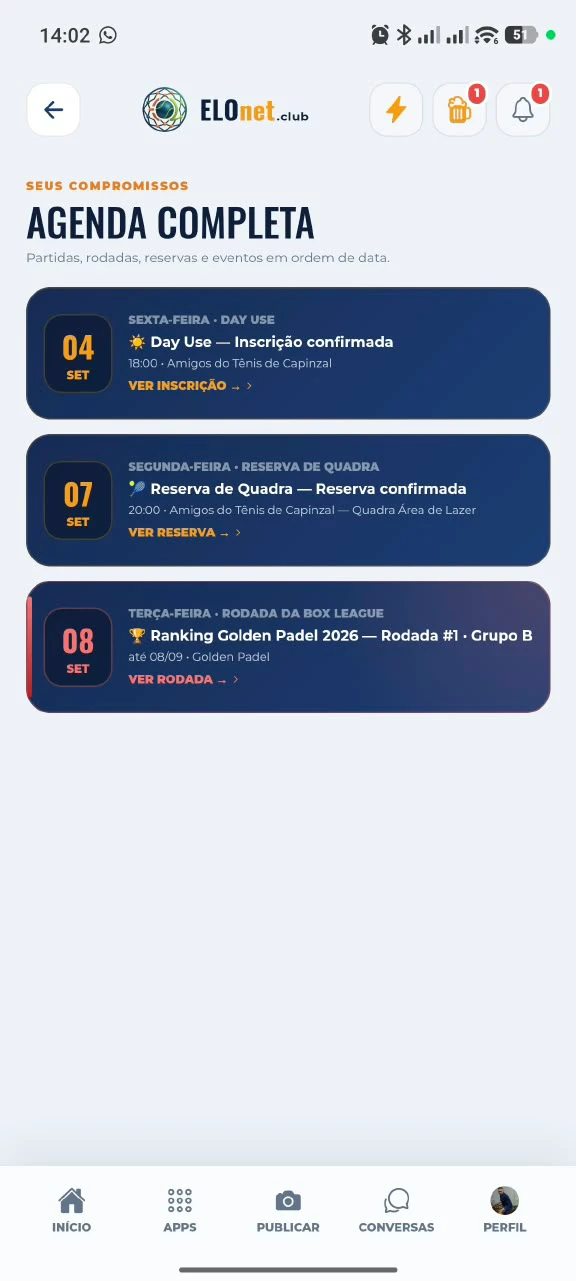 Agenda completa no app ELOnet
