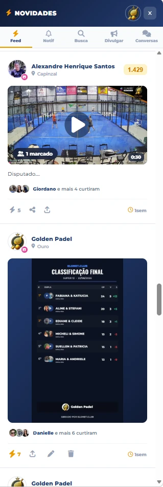 Tela real do feed social do app ELOnet, com publicações e resultados dos atletas do clube
