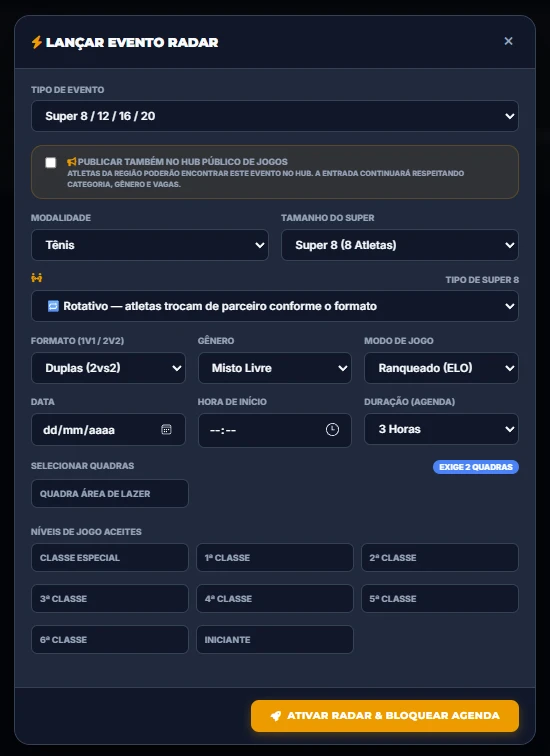 Tela real de criação de evento Super 8/12/16/20 no painel do clube ELOnet