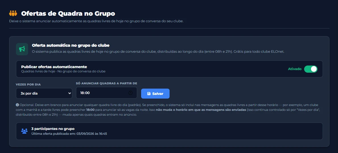 Tela real de configuração do Radar automático de quadras no grupo de WhatsApp do clube